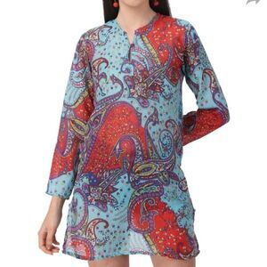 Raj Women's V-Neck Neck Printed Blue red tunic dress beach cover up sz M…